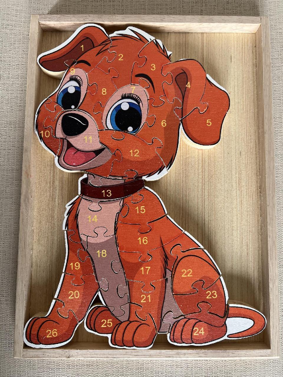 Dřevěné puzzle v dřevěné krabičce - pes